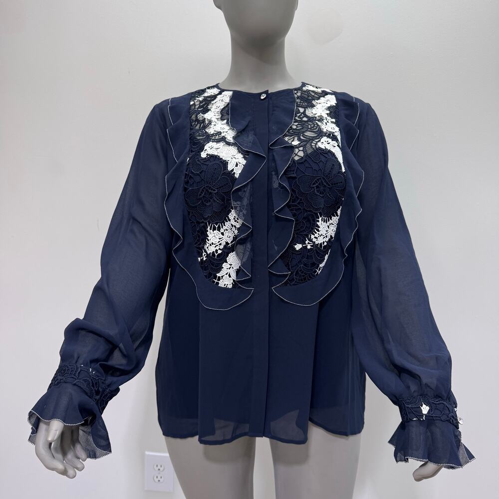 NWT Marina Rinaldi Ruffle Lace Long Sleeve Shirt US 18 Navy Career Academia Work